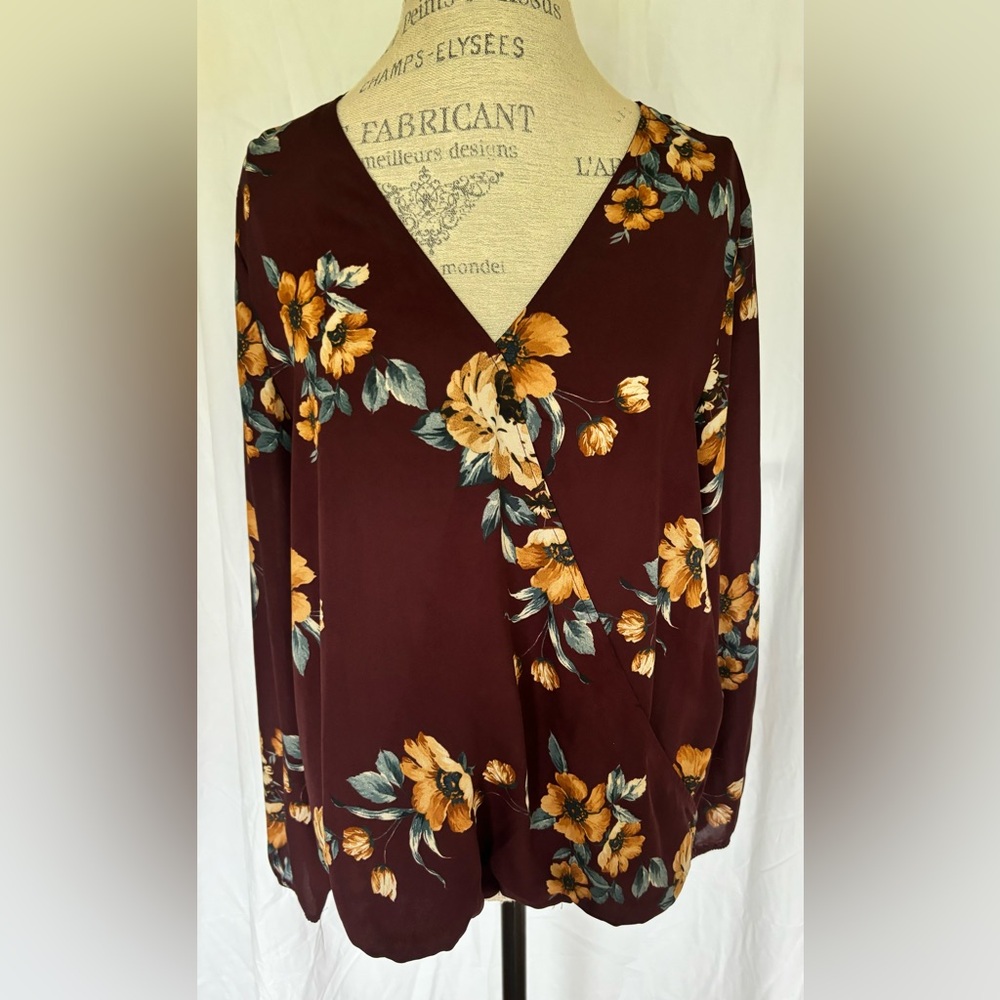 Women’s Floral V-Neck Blouse - Burgundy with Mustard Flowers